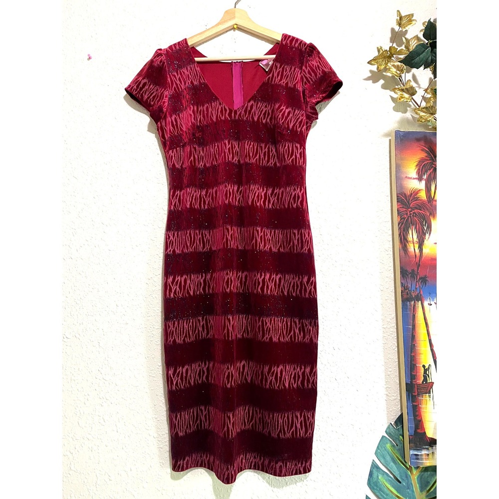 Vtg Route Red Velvet y2k goth Glitter Abstract Zebra Stripe Midi Sheath Dress L
